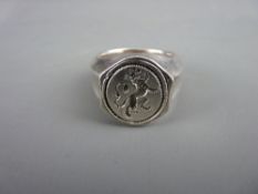 A WHITE METAL SIGNET RING, 26 grms