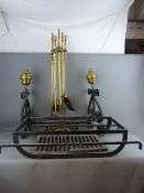A PAIR OF VINTAGE WROUGHT IRON BRASS TOPPED FIRE DOGS, a 61 x 30 cms fire basket and an antique