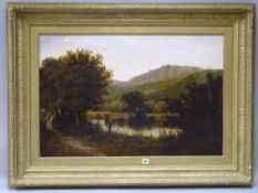J A DANIEL (4 Warwick Studios, Kensington) oil on canvas - mountainous landscape with fishermen on