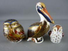 THREE ROYAL CROWN DERBY PAPERWEIGHTS, 'Brown Pelican', 'Owlet', both gold stoppers and numeral