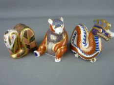 THREE ROYAL CROWN DERBY PAPERWEIGHTS, 'Snake' numeral marked MMI, gold stopper, 'Bear' marked LX,