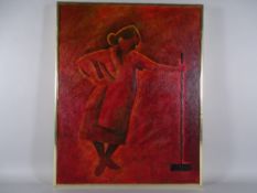ALEX CAMPBELL acrylic on canvas on a box frame - standing lady with floor brush, signed in full,