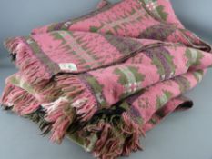 A GOOD VINTAGE WELSH WOOLLEN BLANKET, pink and sage green with traditional block pattern and