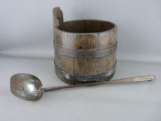 AN ANTIQUE COOPERED PIGGIN (DIPPING VESSEL) with stave handle and an early iron handled ladle with