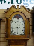 A VICTORIAN OAK & MAHOGANY LONGCASE CLOCK with 14 ins painted dial and moon phase movement, twin