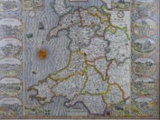 JOHN SPEED engraved map of Wales, 1610, later hand coloured and tinted, Sudbury & Humble edition,