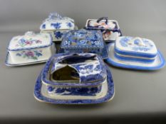 SIX VICTORIAN BLUE & WHITE SARDINE DISHES, various measurements and conditions