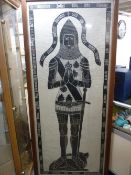 A NEAR LIFE SIZE OAK FRAMED BRASS RUBBING of Sir Thomas Foljambe (knight), the Latin inscription