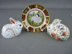 TWO ROYAL CROWN DERBY PAPERWEIGHTS, 'Meadow Rabbit' and 'Bunny', both gold stoppers and a pin dish