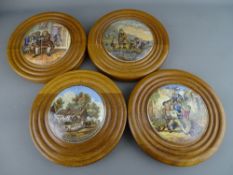 FOUR VICTORIAN OAK MOUNTED PRATTWARE POT LIDS, three titled 'The Wolf & The Lamb', 'D R Johnson', '