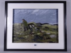 OWEN MEILIR oil on board - farmer with his sheepdog in a Snowdonia landscape, 30 x 40 cms
