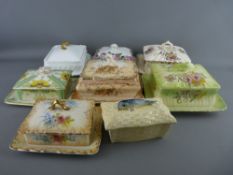 EIGHT VICTORIAN SARDINE DISHES, floral decorated with others, most with knopped lids, various