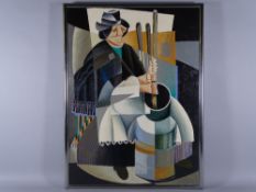 ALEX CAMPBELL acrylic on canvas on a box frame - hatted lady seated making butter, signed in full