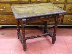 A RECTANGULAR TOPPED CARVED OAK VICTORIAN SIDE TABLE on turned and block supports with stretcher,