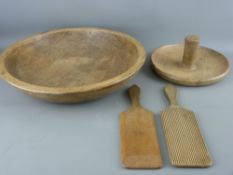 A COLLECTION OF TREEN DAIRY ITEMS including a 36.5 cms diameter sycamore bowl, a circular press