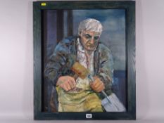 MYRNA LOWENS oil on board - quarryman at work slate splitting, signed with initials and entitled