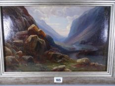 THOMAS FINCHETT oil on canvas - Llanberis Pass with drover and cattle on the bridge, signed, 24 x 39