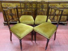 A SET OF FOUR LATE VICTORIAN INLAID ROSEWOOD SALON CHAIRS with floral detailed central splat and top