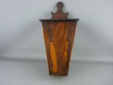 A GEORGIAN CANDLE/CUTLERY LIDDED BOX with shaped back and inlaid front knife and fork decoration,
