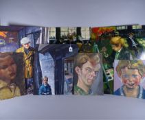 JOHN CHERRINGTON oils on board, unframed - study of a standing hatted and coated figure in a cobbled