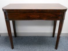 AN EXCELLENT ROSEWOOD FOLDOVER CARD TABLE circa 1840, with delicate front inlay and crossbanded