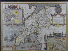 JOHN SPEED coloured and tinted map of Caernarfon, Sudbury & Humble edition, 1610, glazed verso, 39 x