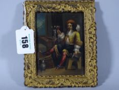 MINIATURE PORTRAIT STUDY OF A CAVALIER GENTLEMAN seated within an Inn, 10 x 17.75 cms