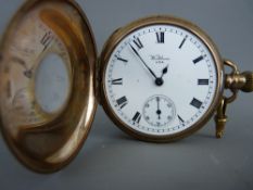A WALTHAM NINE CARAT GOLD CASED KEYLESS WIND HALF HUNTER POCKET WATCH, serial number 22069628, 95.