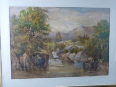 MANNER OF DAVID COX watercolour - river scene with gauge and bridge and timber cart with horses on