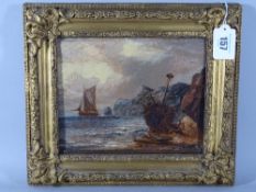 UNSIGNED OIL ON CANVAS - depicting a shipwreck in a rocky cove, 15 x 19.5 cms