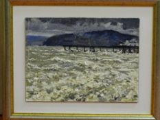 EDWIN (ED) FORREST oil on board - Colwyn Bay Pier & rough seas, signed, 22 x 30 cms