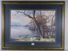 WILLIAM HEATON COOPER RA watercolour - lake scene with distant hills and overhanging trees, signed