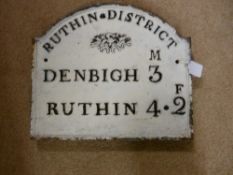 LOT WITHDRAWN A VINTAGE RUTHIN DISTRICT CAST IRON ROAD SIGN, arched top with leaf emblem 'Denbigh