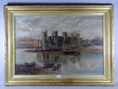 M DUCKWORTH oil on canvas - Conwy Castle and Suspension Bridge with boats and figures in the