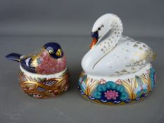 TWO ROYAL CROWN DERBY PAPERWEIGHTS, 'Swan Nesting', gold stopper and 'Bullfinch Nesting', gold