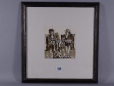 MIKE JONES colourwash - two figures chatting, signed in full, 15 x 15 cms
