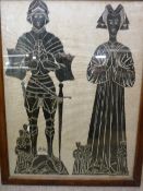AN OAK FRAMED BRASS RUBBING of a Medieval knight and his lady, both having dogs and attendants at