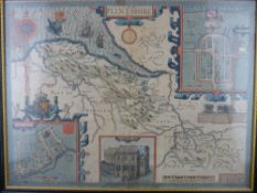 JOHN SPEED coloured and tinted map of Flint-shire, 1610, Sudbury & Humble edition, glazed verso,