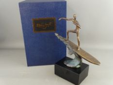 BERNARD KIM CONTEMPORARY BRONZE SCULPTURE titled 'Ride the Waves', stylized man upon a surfboard,