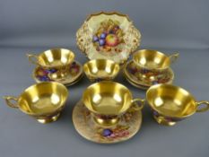 FOURTEEN PIECES OF AYNSLEY 'GOLD ORCHARD FRUITS' TEAWARE comprising six cups with gilt lined
