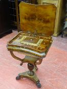 A GOOD VICTORIAN WORK TABLE on shaped supports and urn pedestal on a trefoil base, the quarter cut