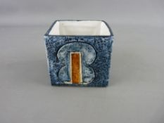 A TROIKA POTTERY CUBE VASE, signed to the base and initialled for Sally Bart, 8 cms high