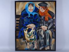 ALEX CAMPBELL acrylic on canvas on a box frame - seated lady and gent, signed in full and entitled