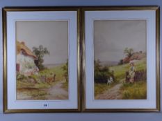 J BARCLAY watercolours, a pair - rural scenes 1. young red bonneted girl near thatched cottage by