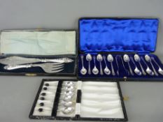 THREE CASED SETS OF EPNS CUTLERY including a set of twelve teaspoons with tongs, six cocoa bean