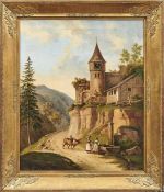 Große Biedermeier-Bilderuhr Wohl Österreich, 1. H. 19. Jh. Im vergoldeten, klassizistischen Rahmen