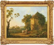 Frühromantiker um 1800 Landschaft mit Hirten und rastendem Reiter Öl/Lwd. 46 x 59 cm. - Kratzer