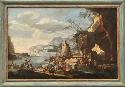 Kreis des Jacob de Heusch Südliche Flusslandschaft Am Ufer auf eine Fähre zur Überquerung des