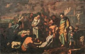 Grablegung Christi Italien, 17. Jh. Figurenreiche Szenerie vor antiker Kulisse. Öl/Lwd., doubl. 95,5