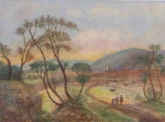Südliche LandschaftUm 1800Auf einem Weg heimkehrende Bauernfamilie sowie Hirte mit weidenden